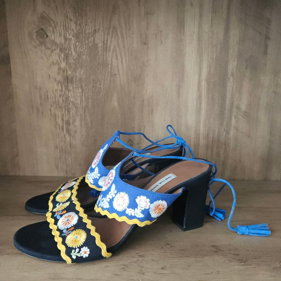 Tabitha Simmons Shoes - Tabitha Simmons Aimee Double-Strap Embroidered Block Heel Sandals Floral 39.5